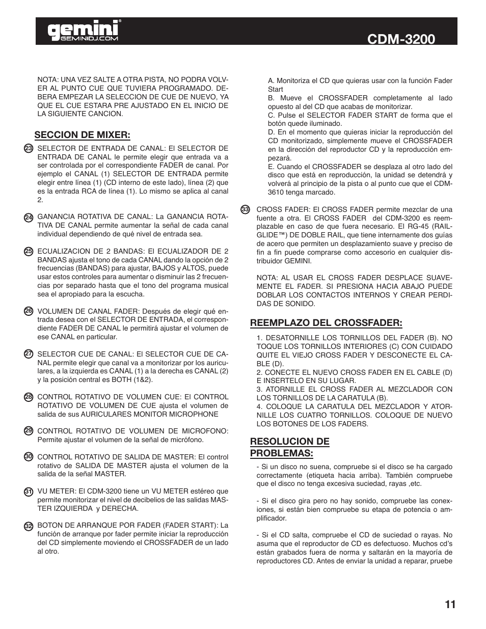 Cdm-3200 | Gemini CDM-3200 User Manual | Page 11 / 24