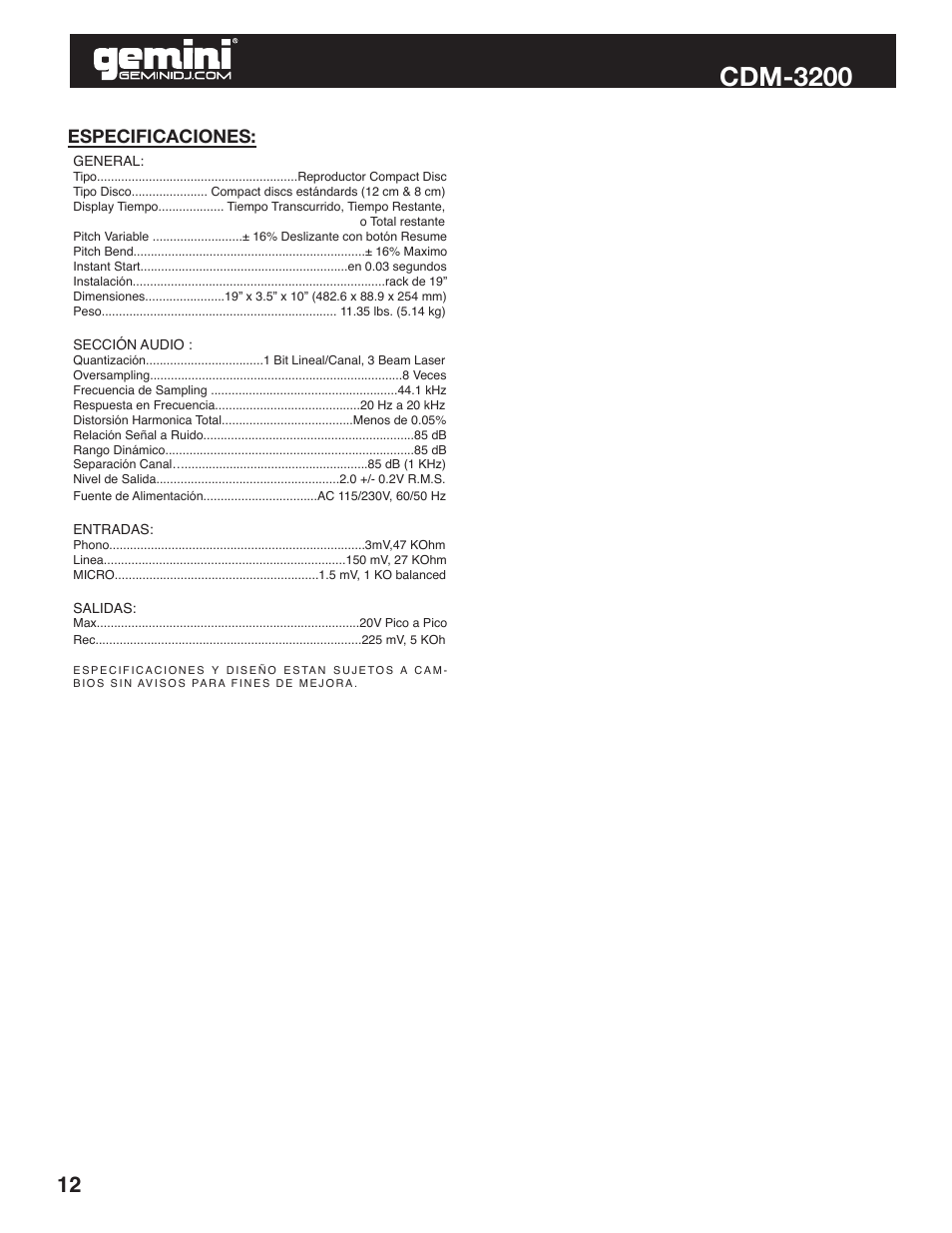 Cdm-3200, Especificaciones | Gemini CDM-3200 User Manual | Page 12 / 24