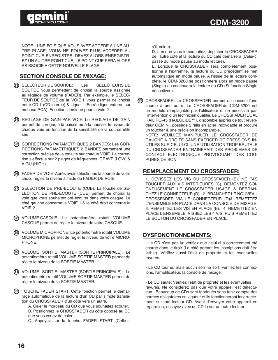 Cdm-3200, Dysfonctionnements | Gemini CDM-3200 User Manual | Page 16 / 24