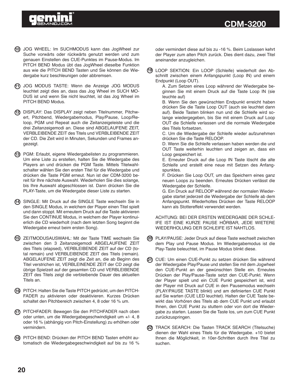 Cdm-3200 | Gemini CDM-3200 User Manual | Page 20 / 24