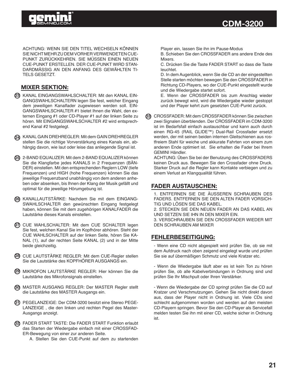 Cdm-3200, Fehlerbeseitigung, Fader austauschen: mixer sektion | Gemini CDM-3200 User Manual | Page 21 / 24