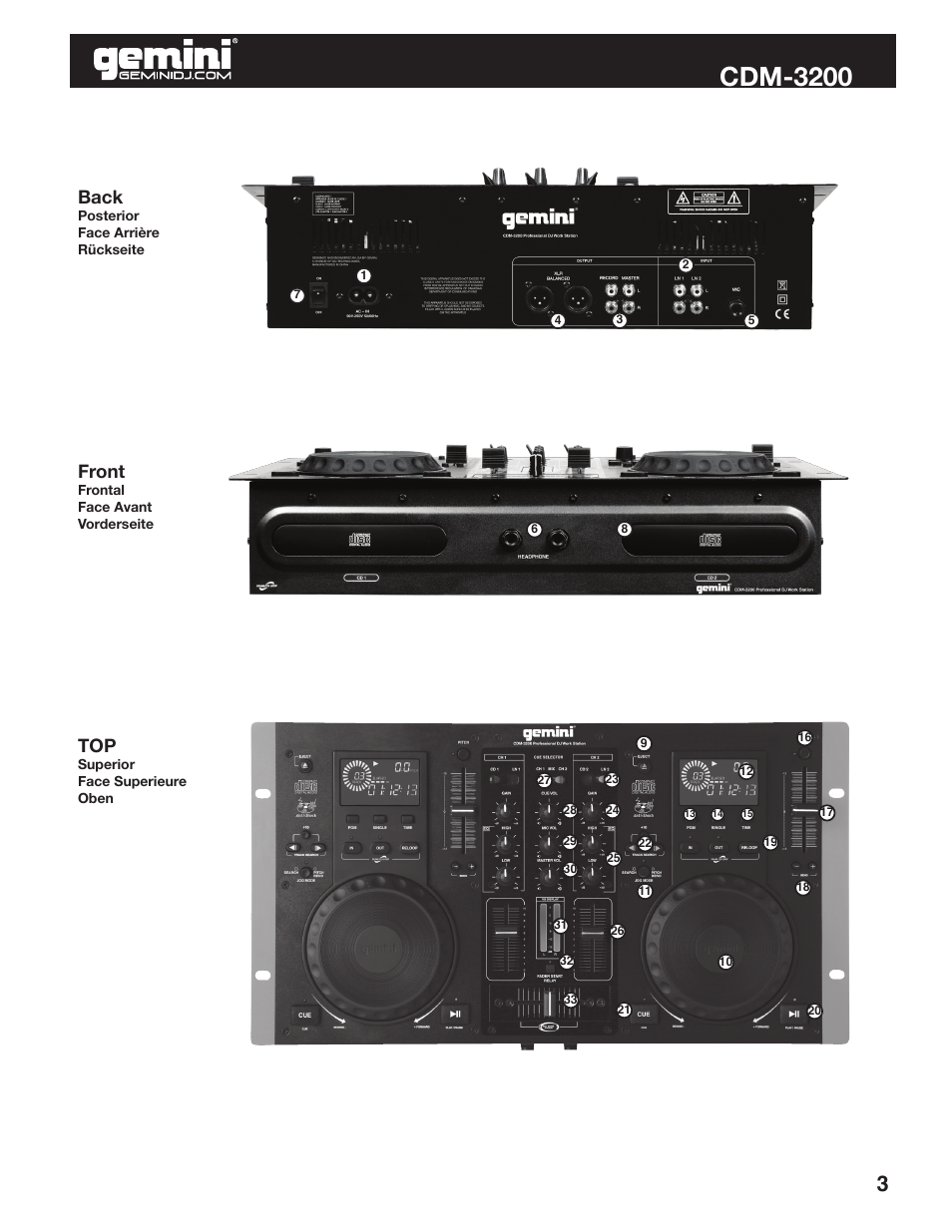 Cdm-3200, Back, Front | Gemini CDM-3200 User Manual | Page 3 / 24