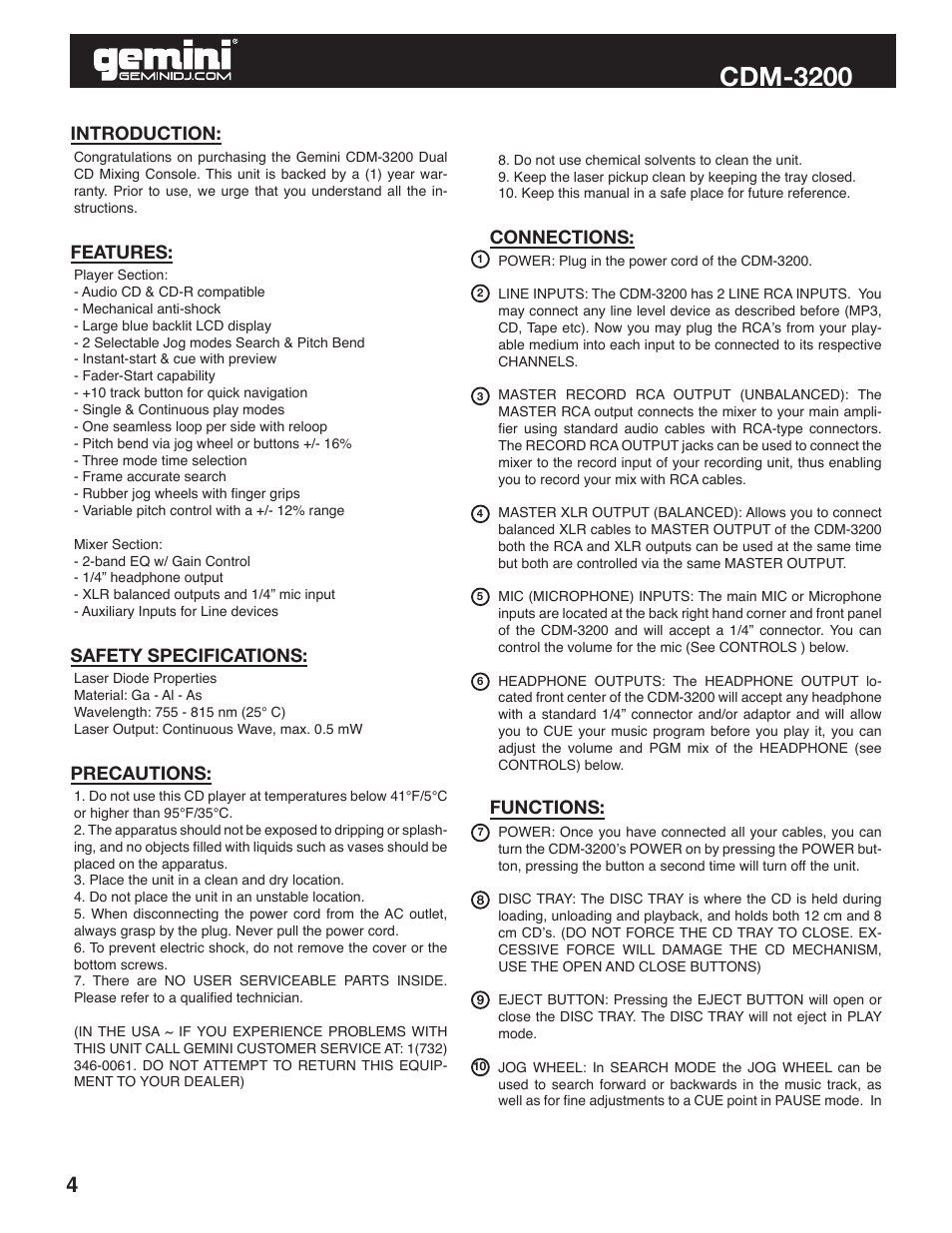 Cdm-3200, Functions | Gemini CDM-3200 User Manual | Page 4 / 24