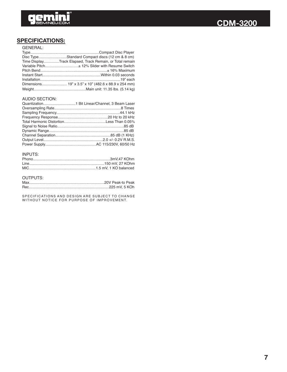 Cdm-3200, Specifications | Gemini CDM-3200 User Manual | Page 7 / 24