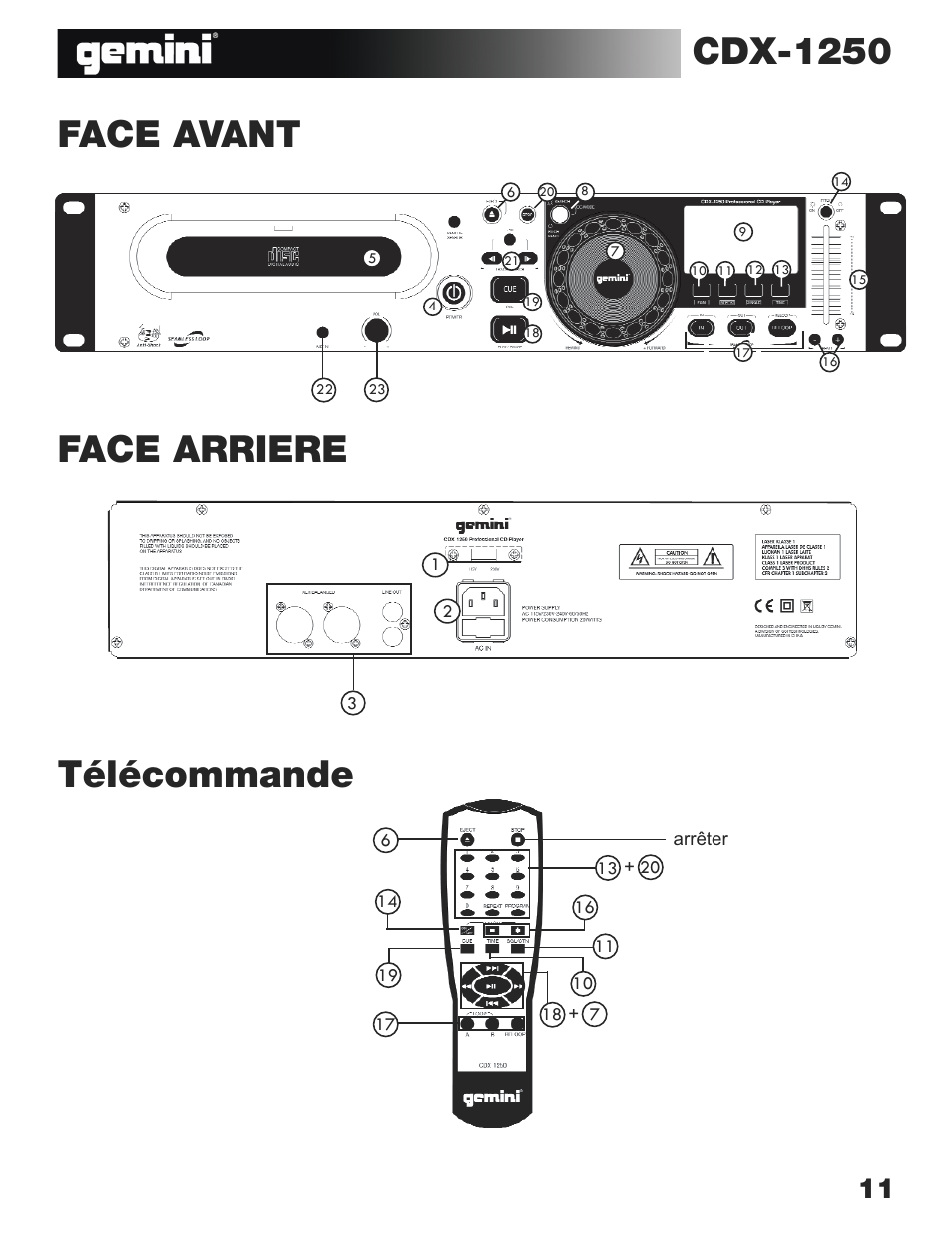 Cdx-1250, Face arriere face avant, Télécommande | Gemini CDX-1250 User Manual | Page 11 / 19