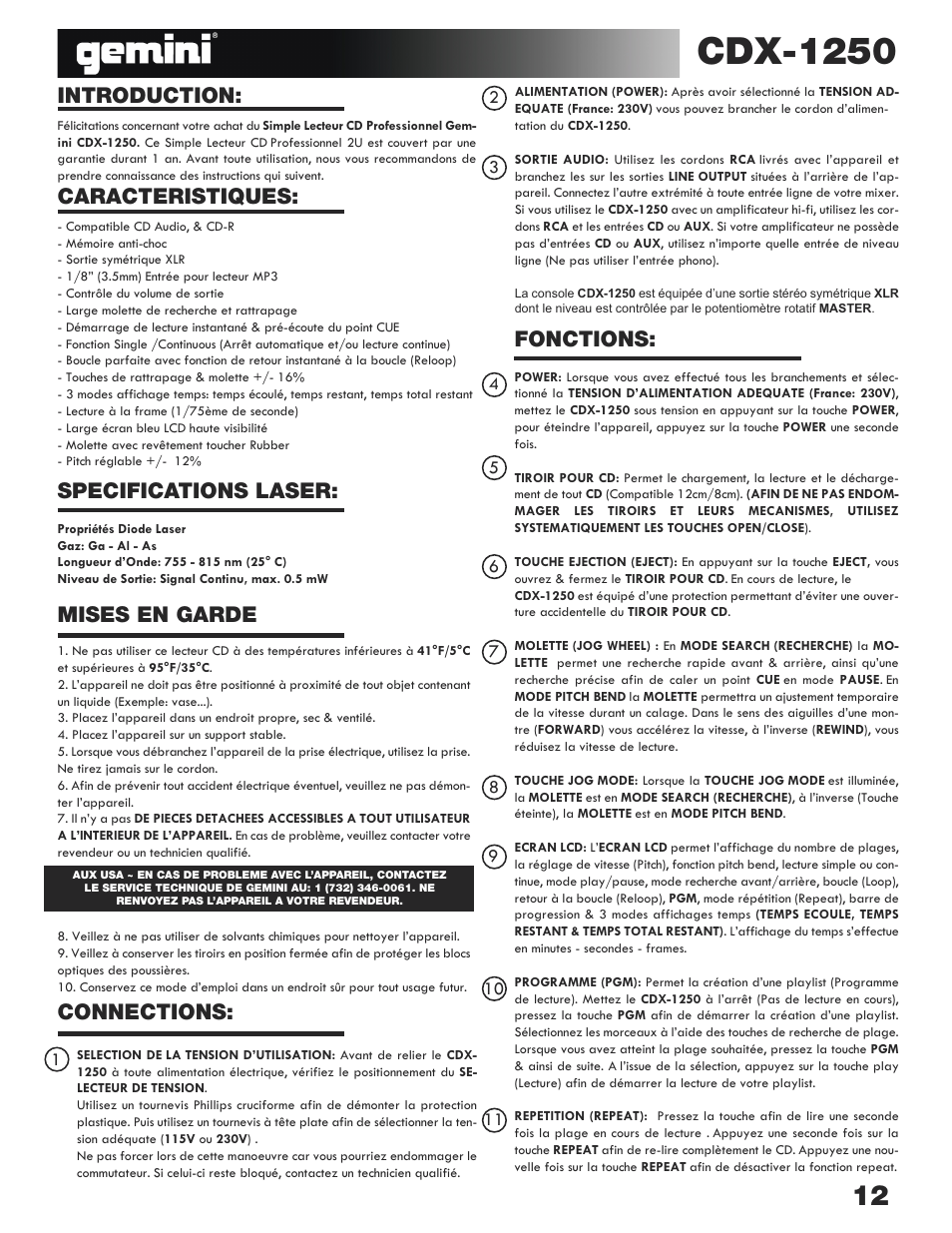 Cdx-1250, Fonctions | Gemini CDX-1250 User Manual | Page 12 / 19