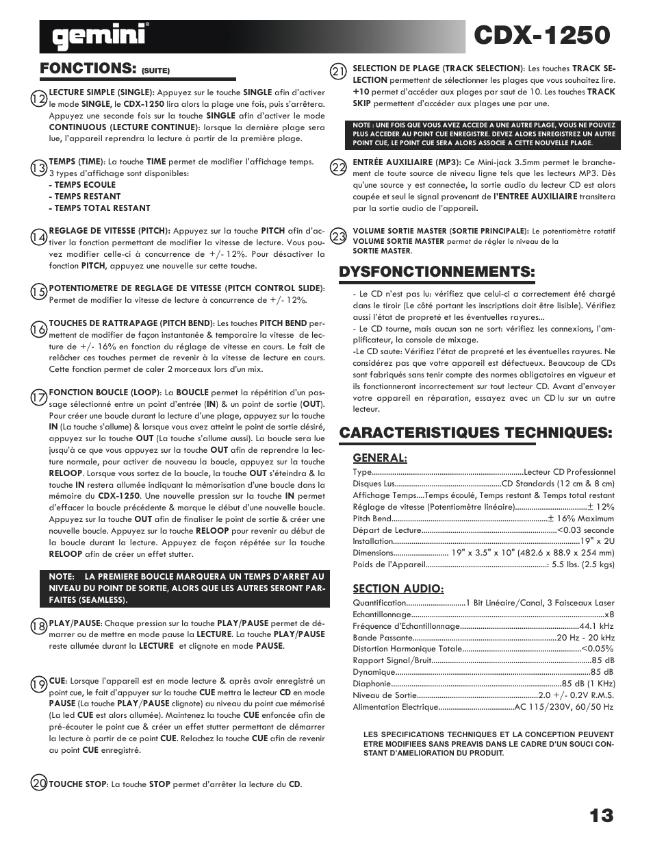 Cdx-1250, Fonctions, Dysfonctionnements | Caracteristiques techniques | Gemini CDX-1250 User Manual | Page 13 / 19