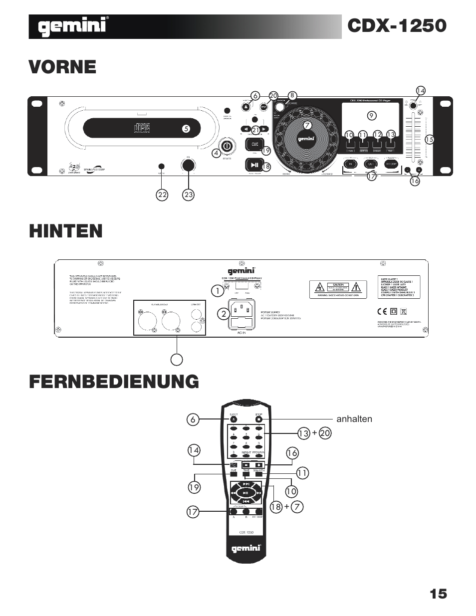 Cdx-1250, Hinten vorne, Fernbedienung | Gemini CDX-1250 User Manual | Page 15 / 19