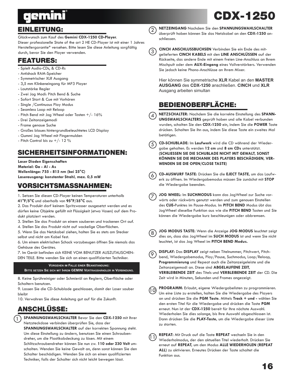Cdx-1250 | Gemini CDX-1250 User Manual | Page 16 / 19