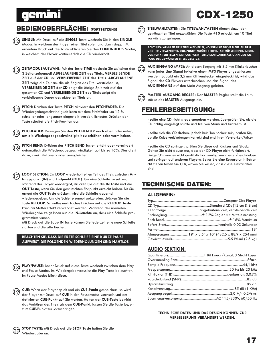 Cdx-1250, Bedienoberfläche, Fehlerbeseitigung: technische daten | Gemini CDX-1250 User Manual | Page 17 / 19