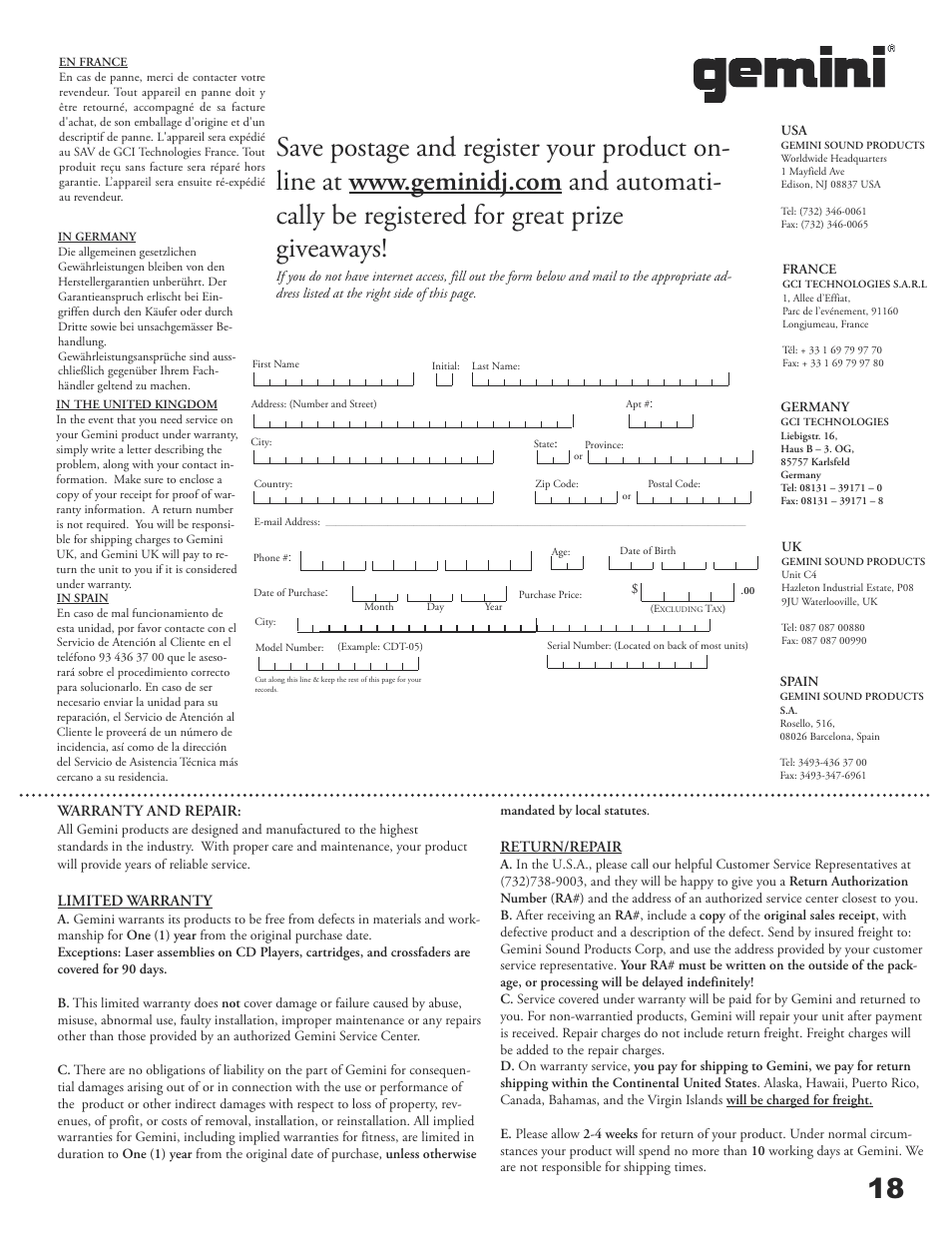 Gemini CDX-1250 User Manual | Page 18 / 19