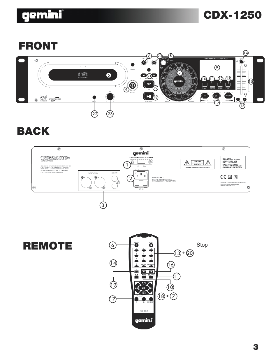 Back, Cdx-1250, Front | Remote | Gemini CDX-1250 User Manual | Page 3 / 19