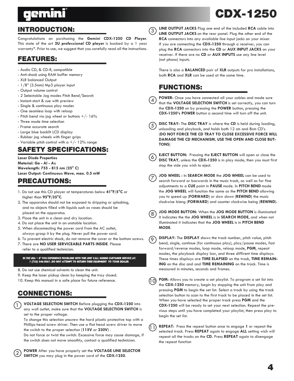 Cdx-1250, Introduction, Functions | Gemini CDX-1250 User Manual | Page 4 / 19