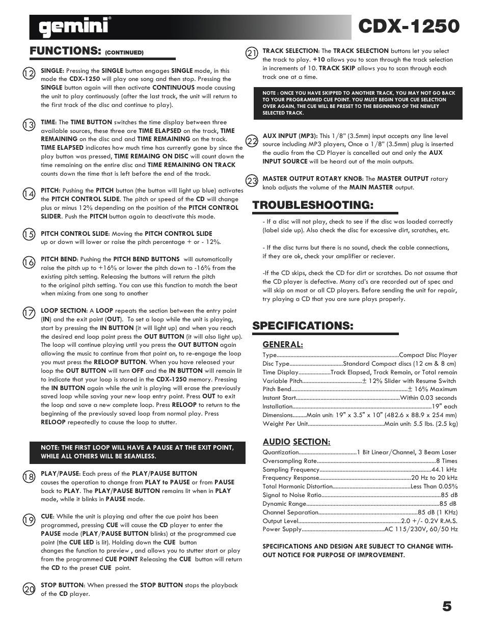Cdx-1250, Functions, Troubleshooting | Specifications | Gemini CDX-1250 User Manual | Page 5 / 19