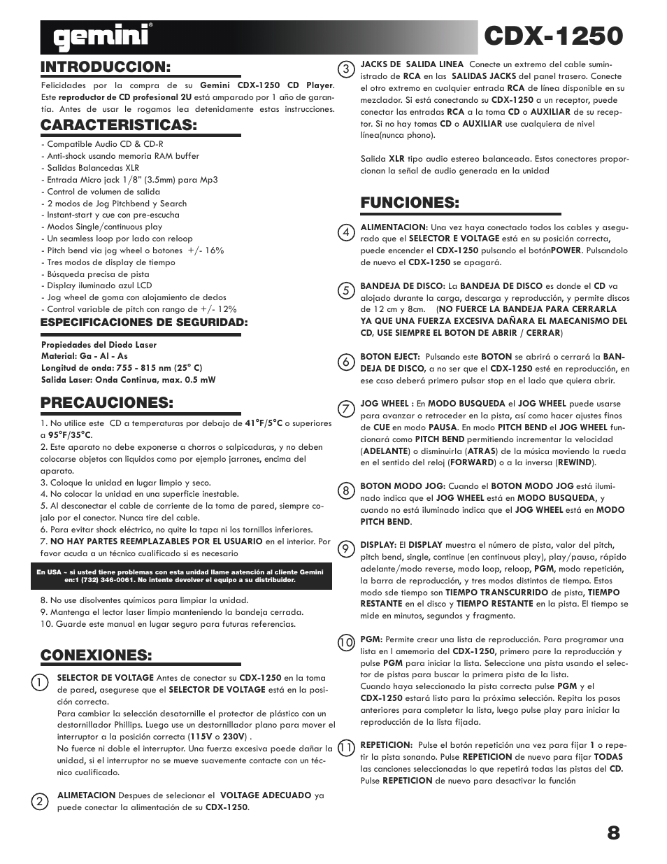 Cdx-1250, Introduccion: caracteristicas, Precauciones: conexiones | Funciones | Gemini CDX-1250 User Manual | Page 8 / 19