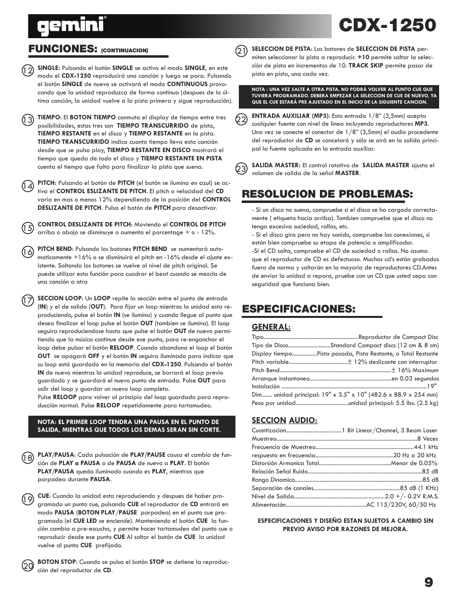 Cdx-1250, Funciones, Resolucion de problemas: especificaciones | Gemini CDX-1250 User Manual | Page 9 / 19