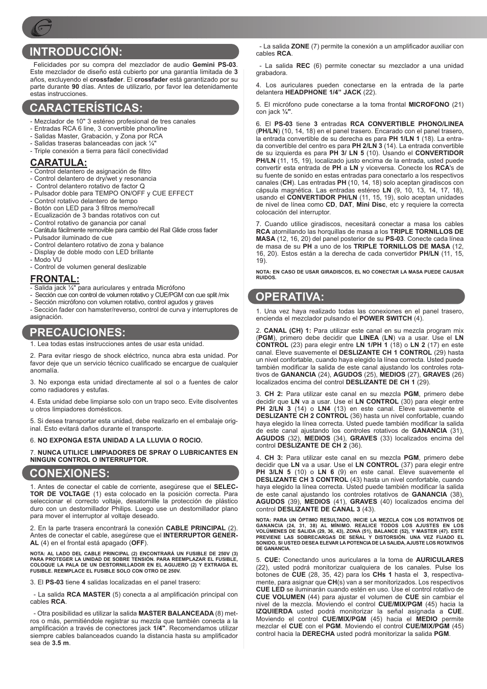 Caratula, Frontal | Gemini PS-03 User Manual | Page 10 / 16