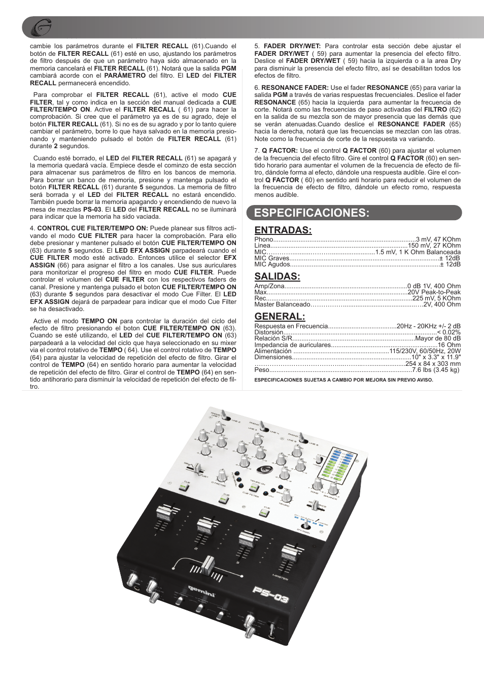 Especificaciones, Entradas, Salidas | General | Gemini PS-03 User Manual | Page 12 / 16