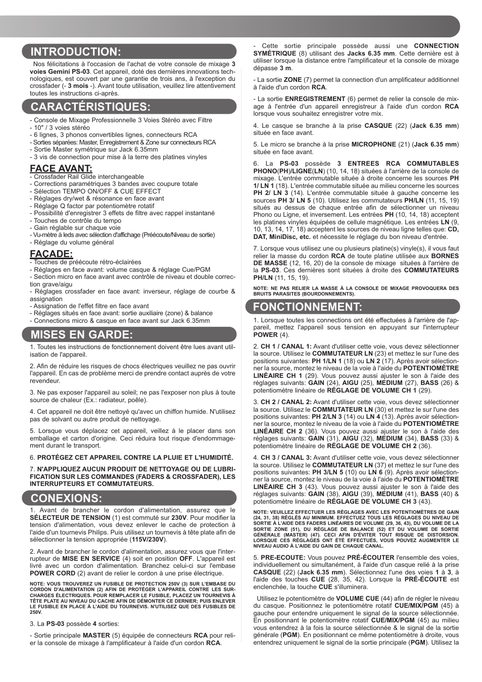 Fonctionnement | Gemini PS-03 User Manual | Page 13 / 16