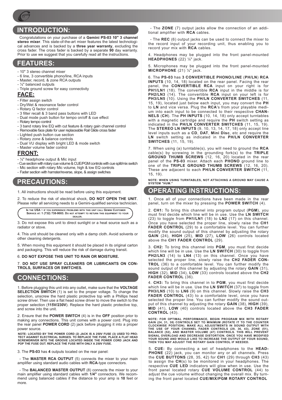 Introduction: features: precautions, Connections: operating instructions, Face | Front | Gemini PS-03 User Manual | Page 4 / 16