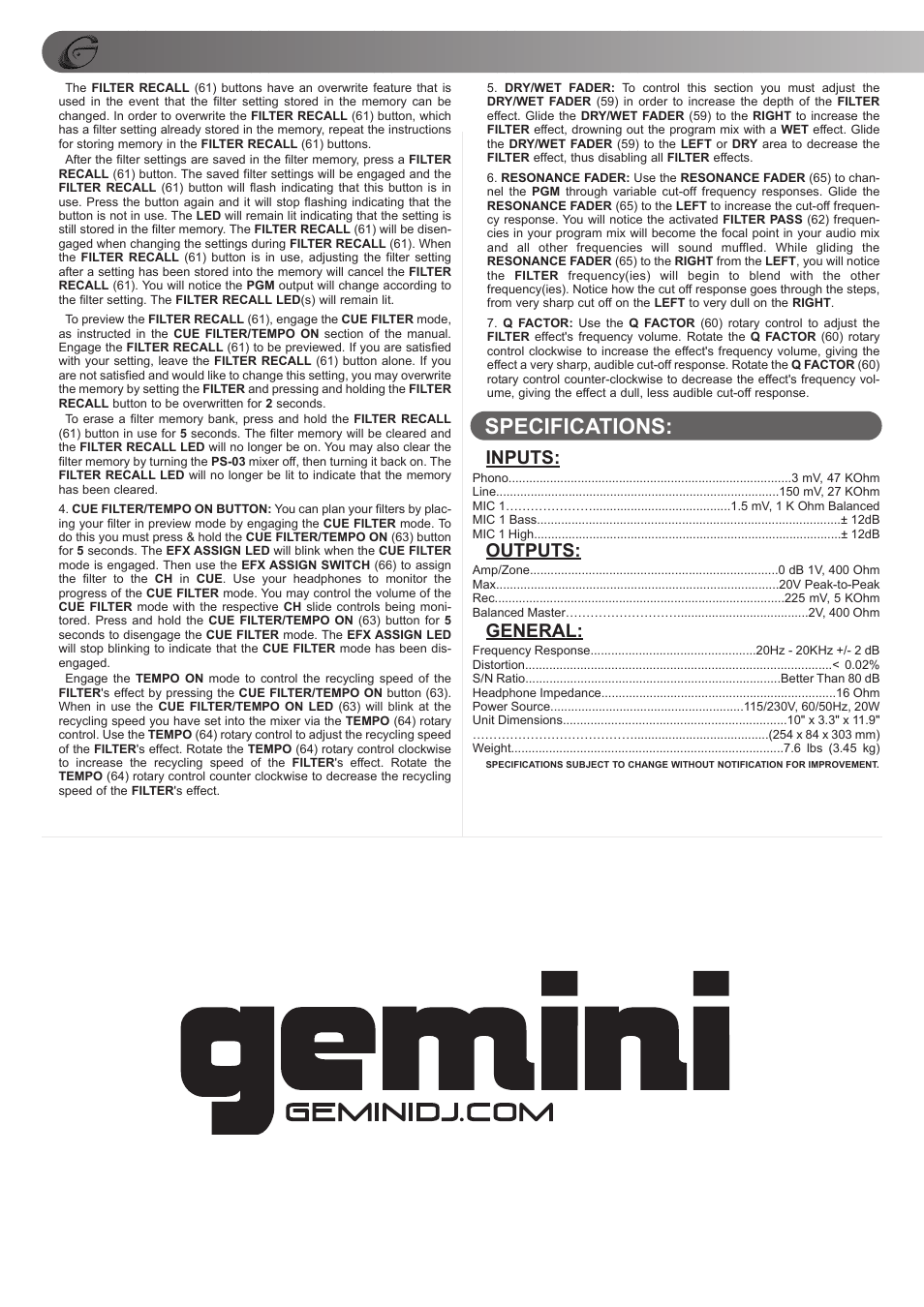 Specifications, Inputs, Outputs | General | Gemini PS-03 User Manual | Page 6 / 16