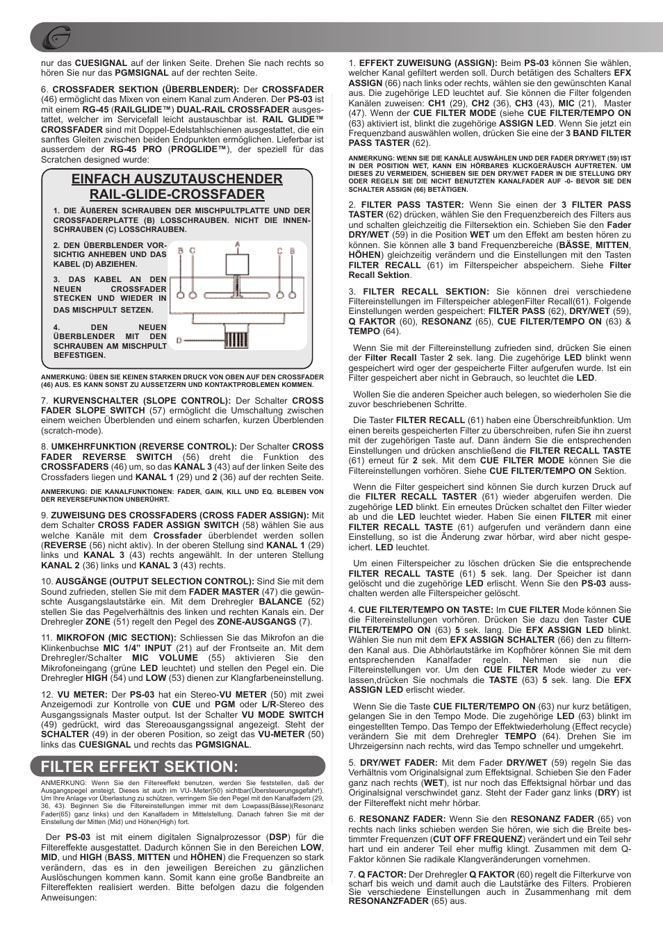 Filter effekt sektion, Einfach auszutauschender rail-glide-crossfader | Gemini PS-03 User Manual | Page 8 / 16