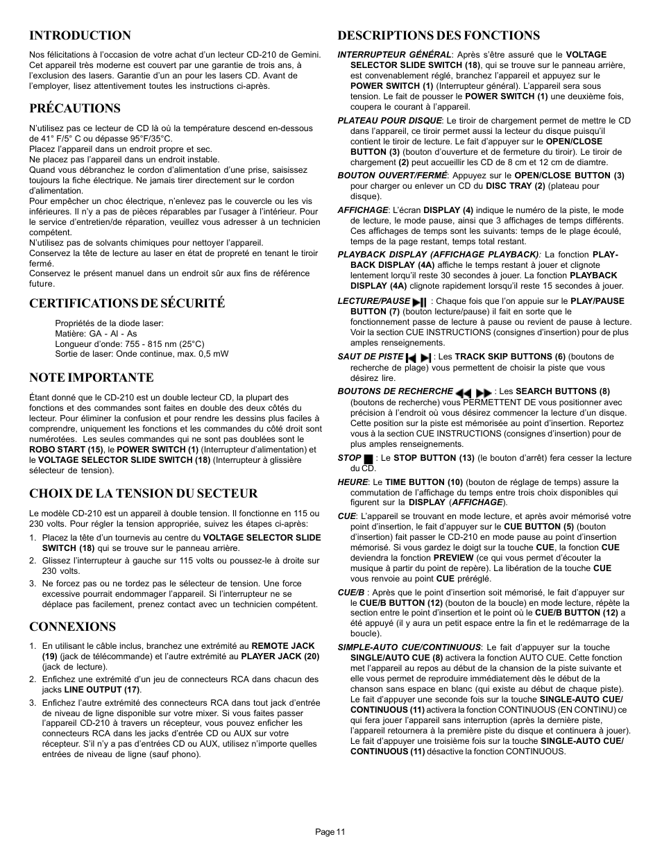 Introduction, Précautions, Certifications de sécurité | Choix de la tension du secteur, Connexions, Descriptions des fonctions | Gemini CD-210 User Manual | Page 11 / 16