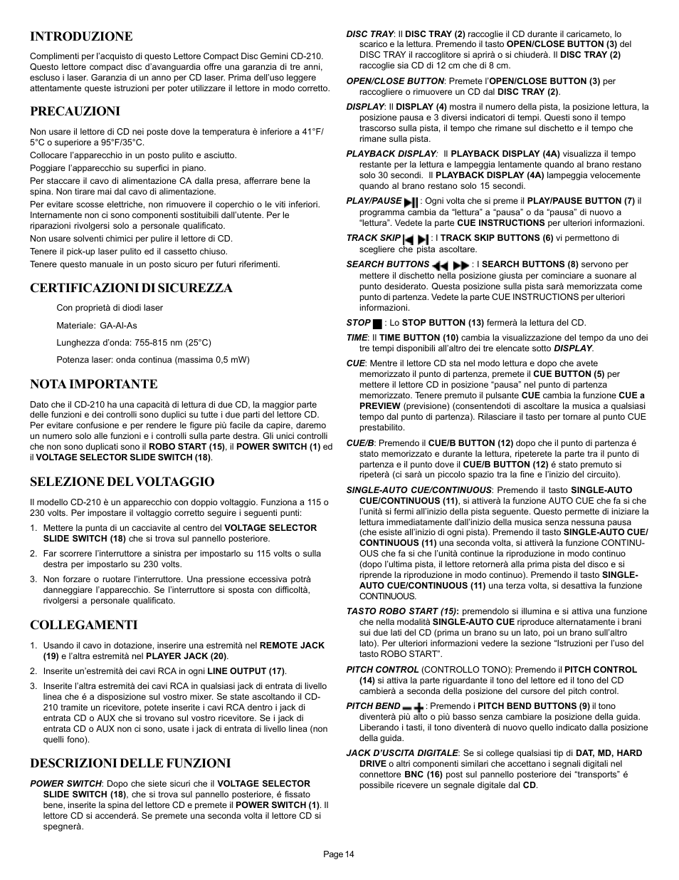 Introduzione, Precauzioni, Certificazioni di sicurezza | Nota importante, Selezione del voltaggio, Collegamenti, Descrizioni delle funzioni | Gemini CD-210 User Manual | Page 14 / 16