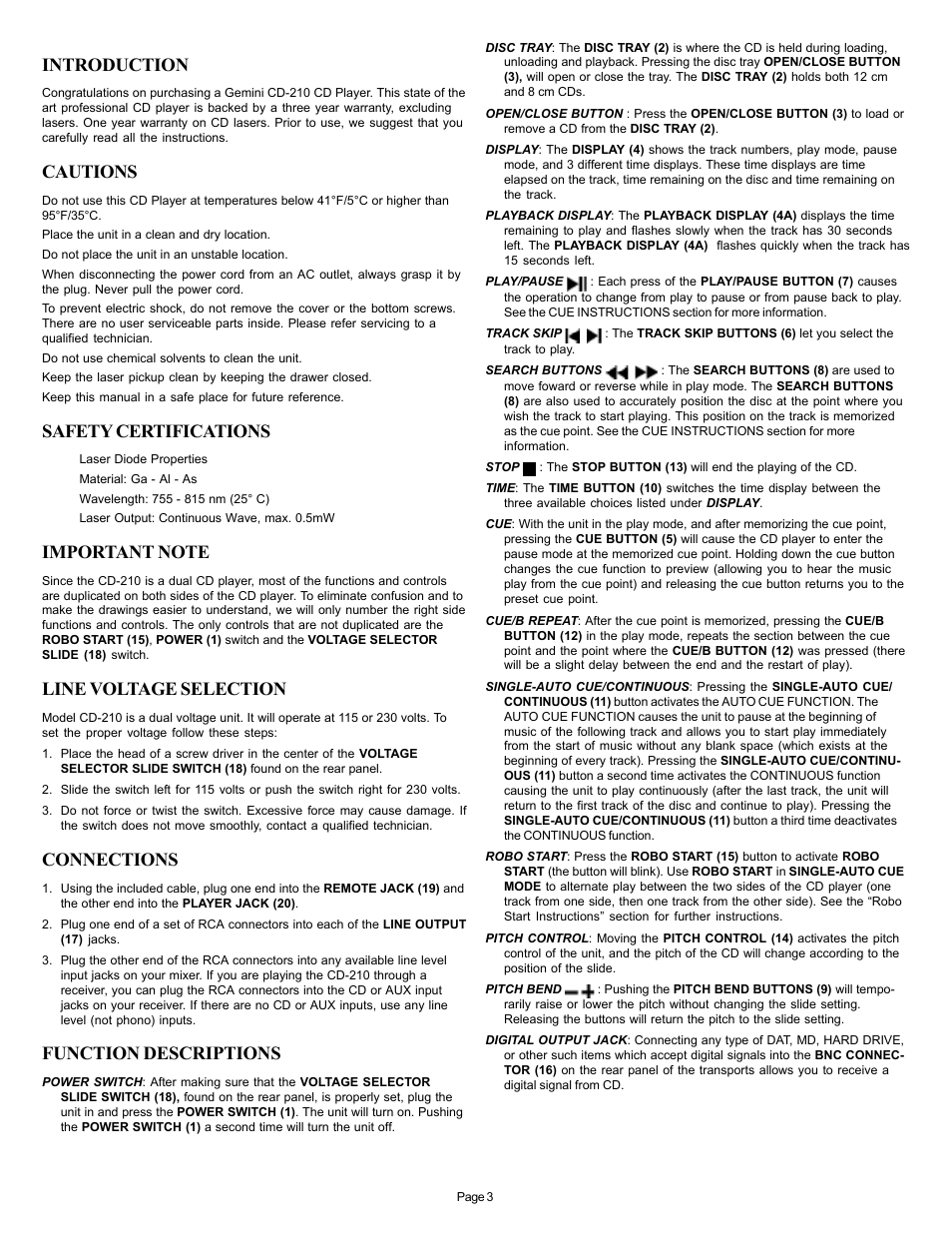 Introduction, Cautions, Safety certifications | Line voltage selection, Connections, Function descriptions | Gemini CD-210 User Manual | Page 3 / 16