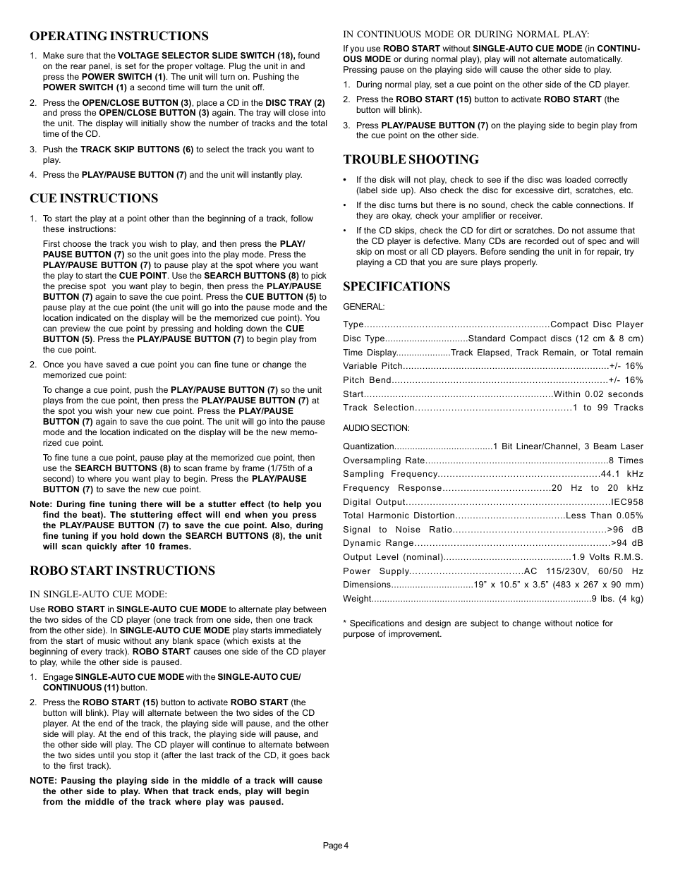 Operating instructions, Cue instructions, Robo start instructions | Trouble shooting, Specifications | Gemini CD-210 User Manual | Page 4 / 16