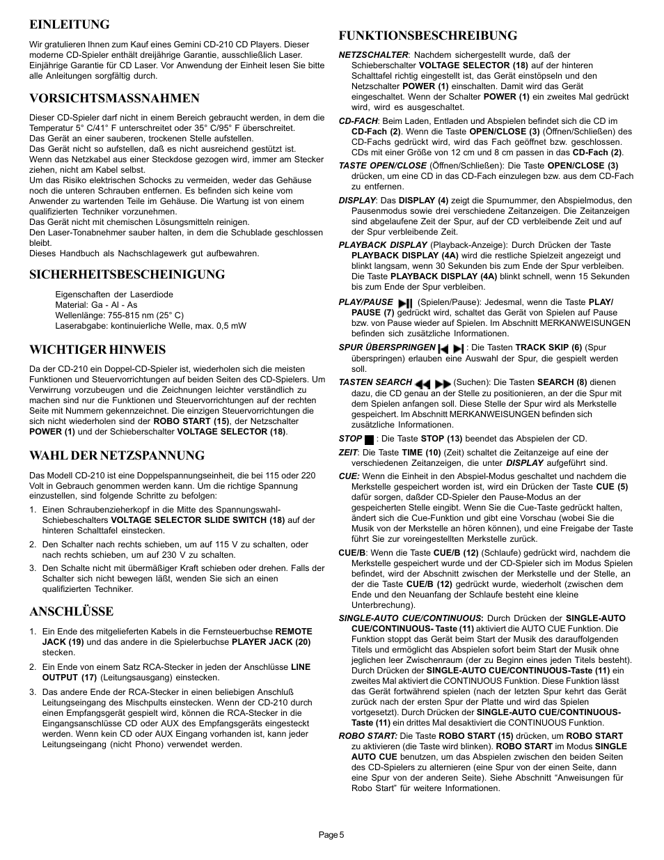 Einleitung, Vorsichtsmassnahmen, Sicherheitsbescheinigung | Wichtiger hinweis, Wahl der netzspannung, Anschlüsse, Funktionsbeschreibung | Gemini CD-210 User Manual | Page 5 / 16