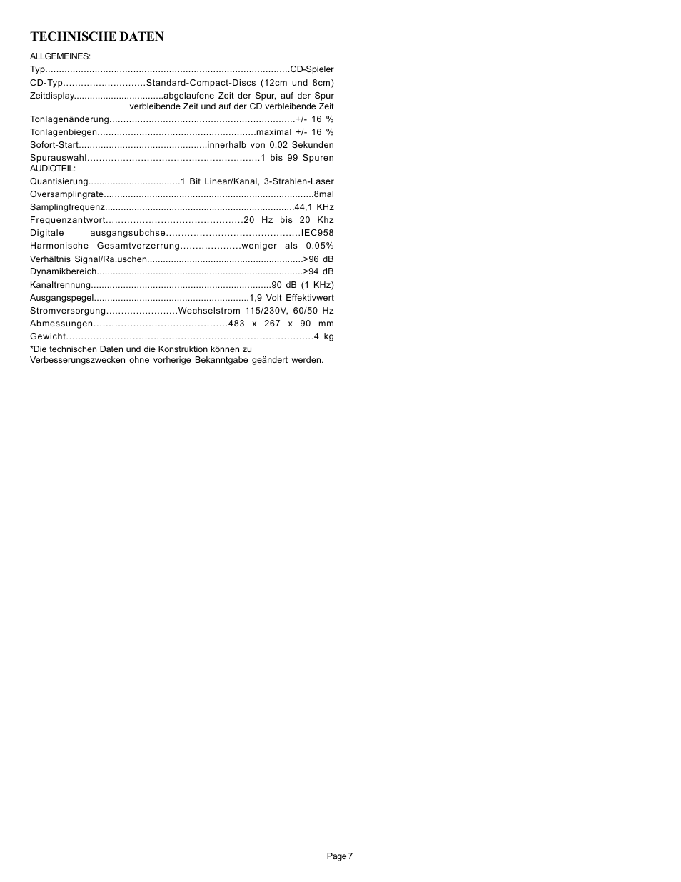 Technische daten | Gemini CD-210 User Manual | Page 7 / 16