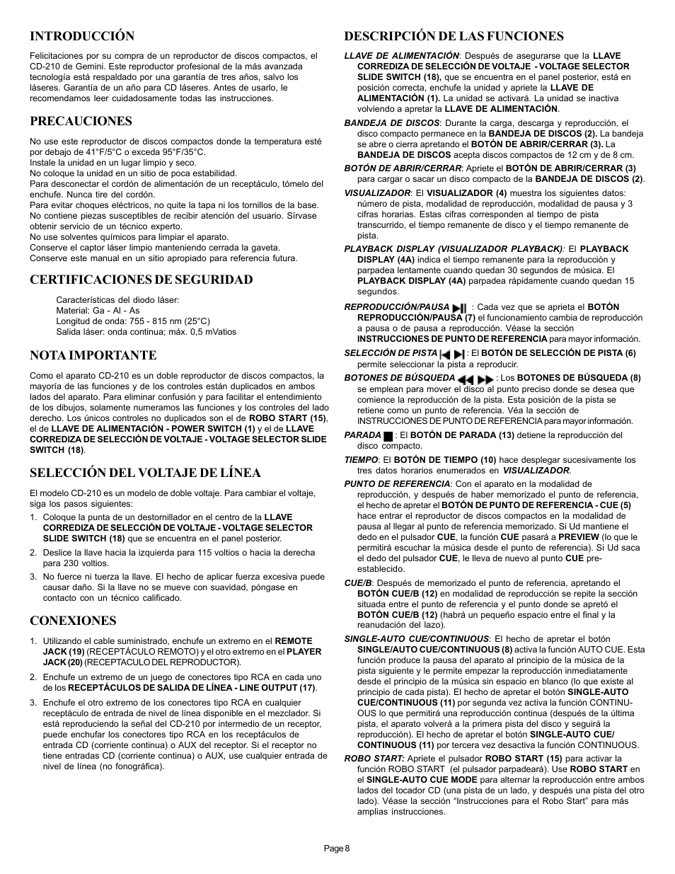 Introducción, Precauciones, Certificaciones de seguridad | Nota importante, Selección del voltaje de línea, Conexiones, Descripción de las funciones | Gemini CD-210 User Manual | Page 8 / 16