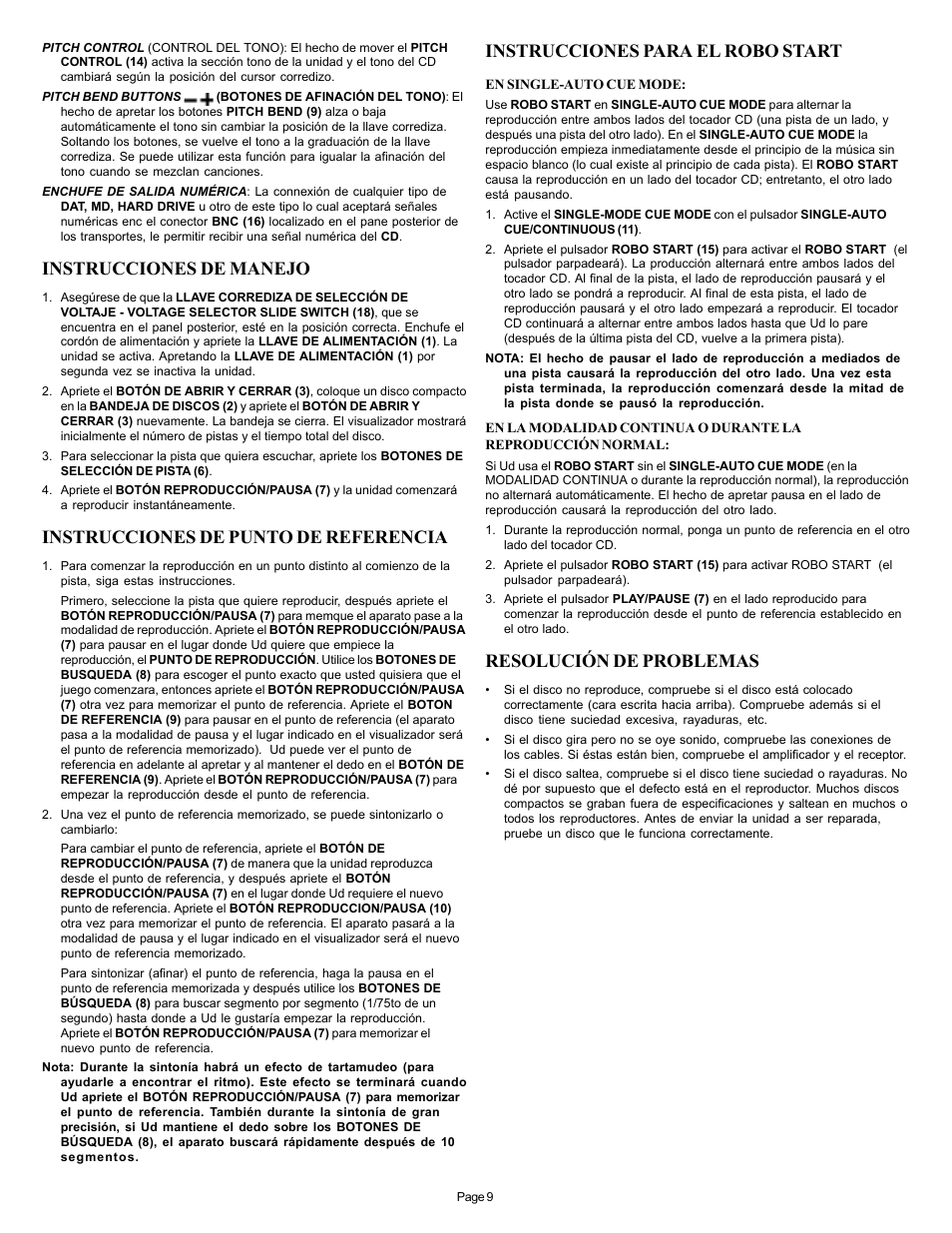 Instrucciones de manejo, Instrucciones de punto de referencia, Instrucciones para el robo start | Resolución de problemas | Gemini CD-210 User Manual | Page 9 / 16