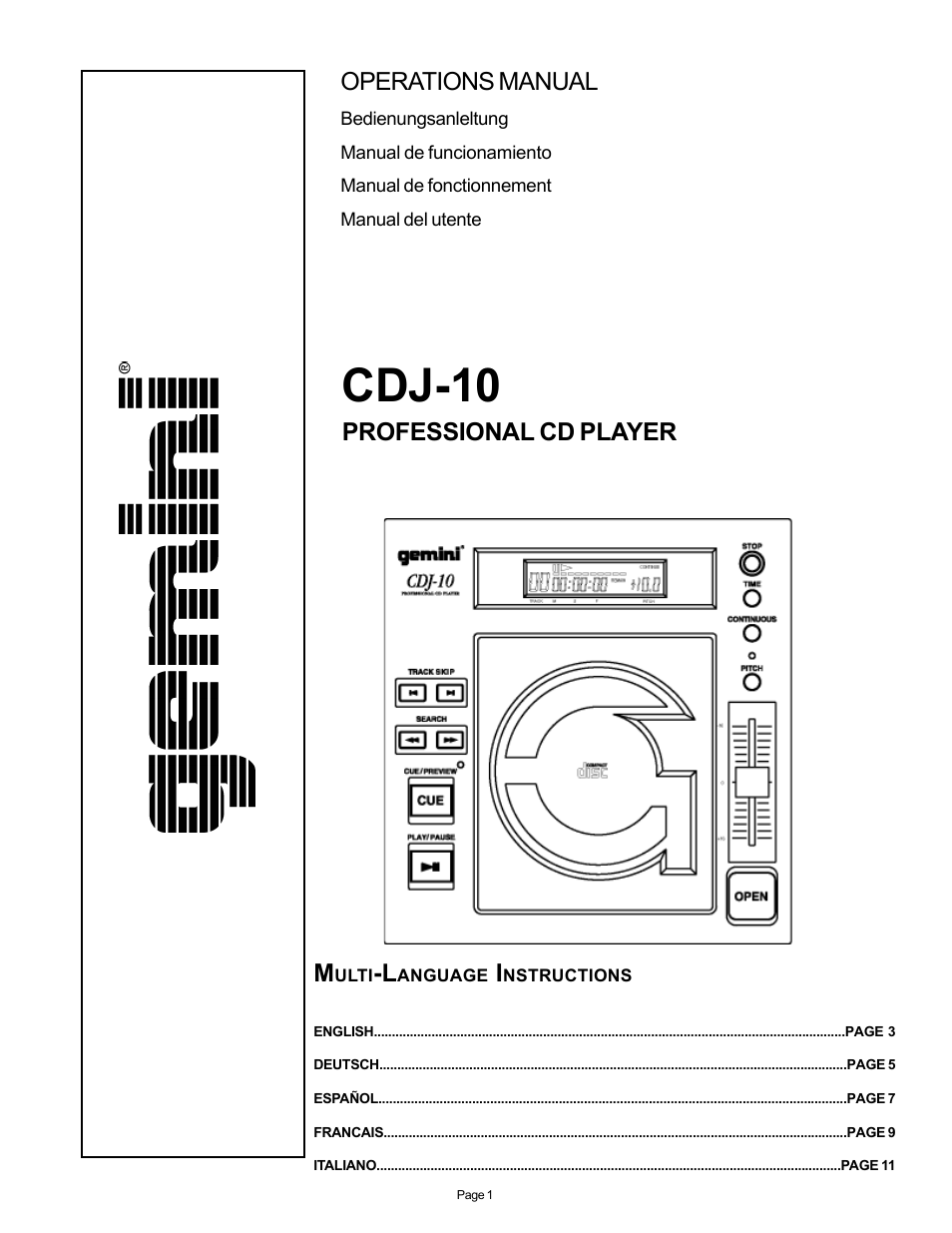 Gemini CDJ-10 User Manual | 12 pages