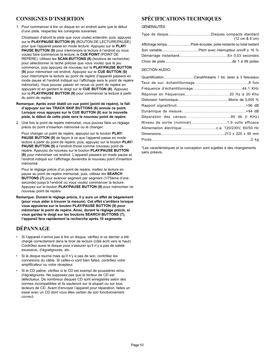 Consignes d’insertion, Dépannage, Spécifications techniques | Gemini CDJ-10 User Manual | Page 10 / 12