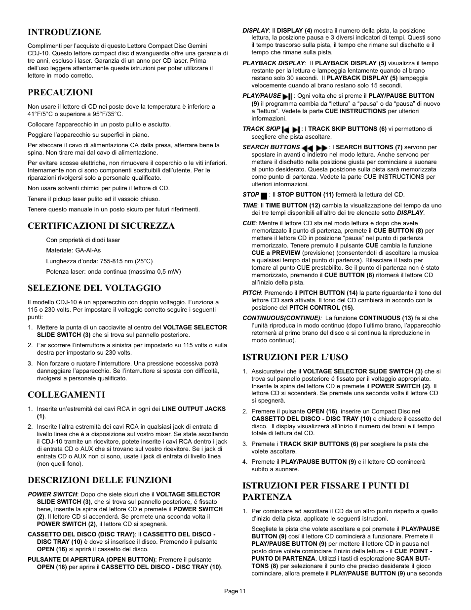 Introduzione, Precauzioni, Certificazioni di sicurezza | Selezione del voltaggio, Collegamenti, Descrizioni delle funzioni, Istruzioni per l’uso, Istruzioni per fissare i punti di partenza | Gemini CDJ-10 User Manual | Page 11 / 12
