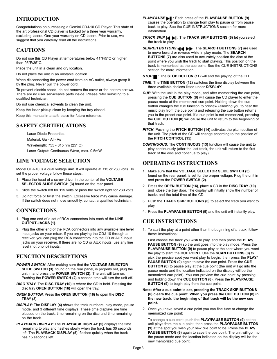 Introduction, Cautions, Safety certifications | Line voltage selection, Connections, Function descriptions, Operating instructions, Cue instructions | Gemini CDJ-10 User Manual | Page 3 / 12