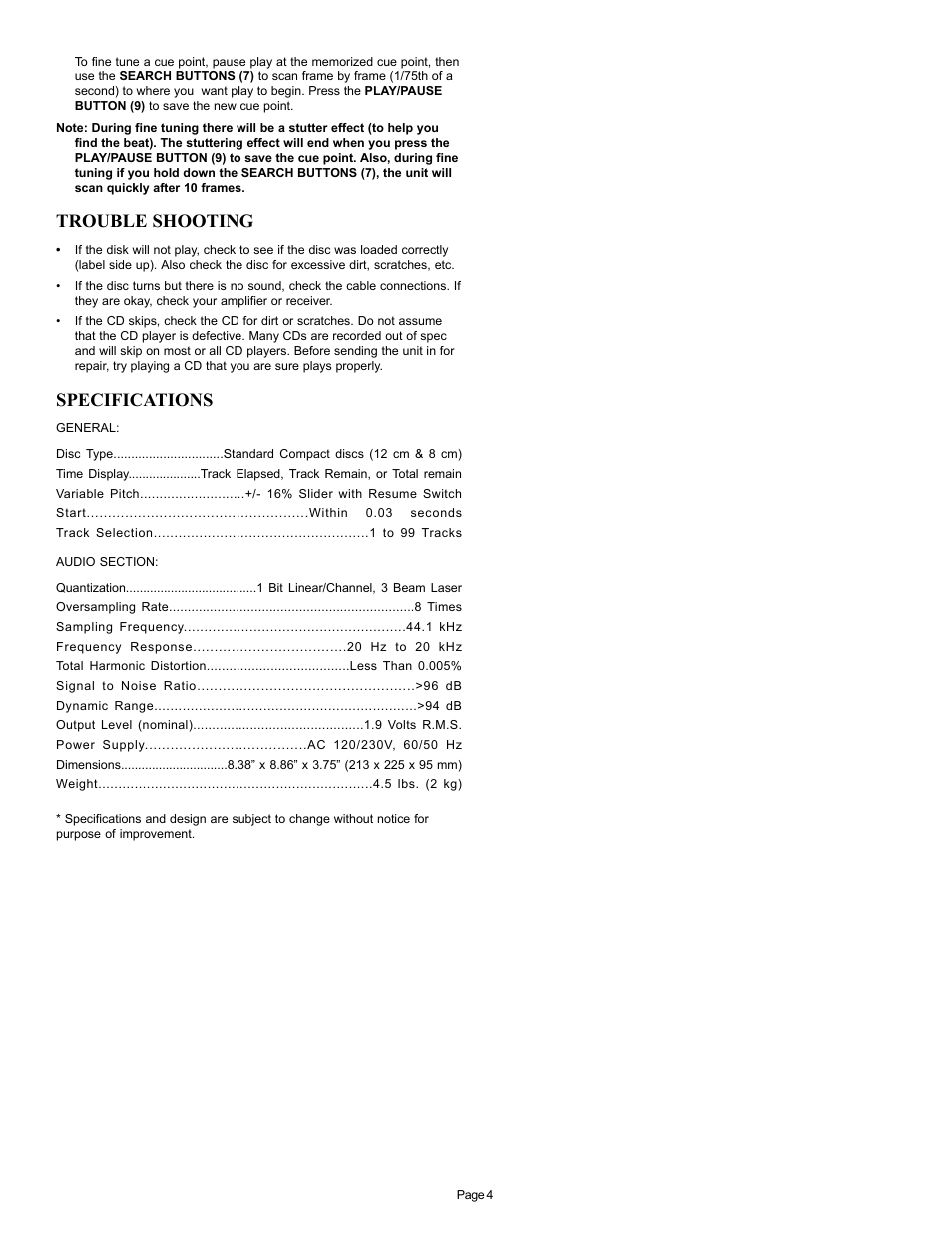 Trouble shooting, Specifications | Gemini CDJ-10 User Manual | Page 4 / 12