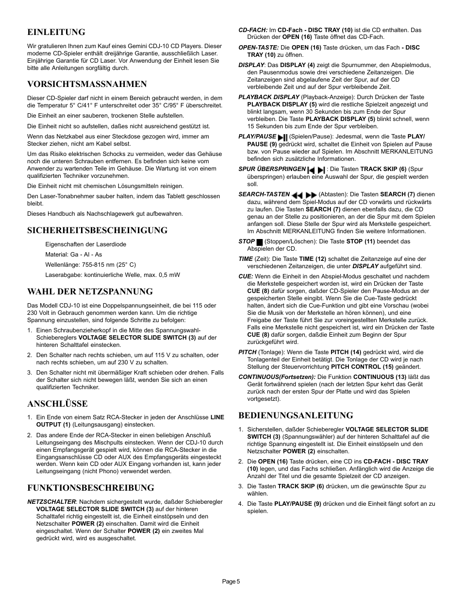 Einleitung, Vorsichtsmassnahmen, Sicherheitsbescheinigung | Wahl der netzspannung, Anschlüsse, Funktionsbeschreibung, Bedienungsanleitung | Gemini CDJ-10 User Manual | Page 5 / 12