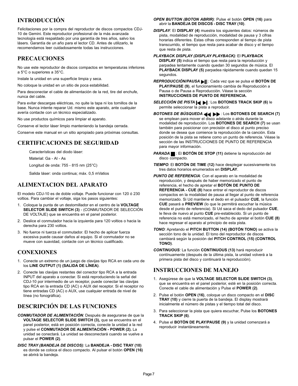 Introducción, Precauciones, Certificaciones de seguridad | Alimentacion del aparato, Conexiones, Descripción de las funciones, Instrucciones de manejo | Gemini CDJ-10 User Manual | Page 7 / 12