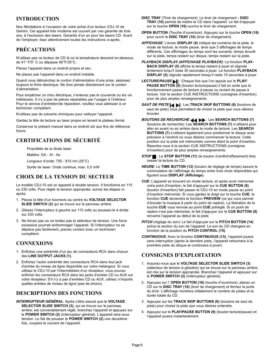 Introduction, Précautions, Certifications de sécurité | Choix de la tension du secteur, Connexions, Descriptions des fonctions, Consignes d’exploitation | Gemini CDJ-10 User Manual | Page 9 / 12