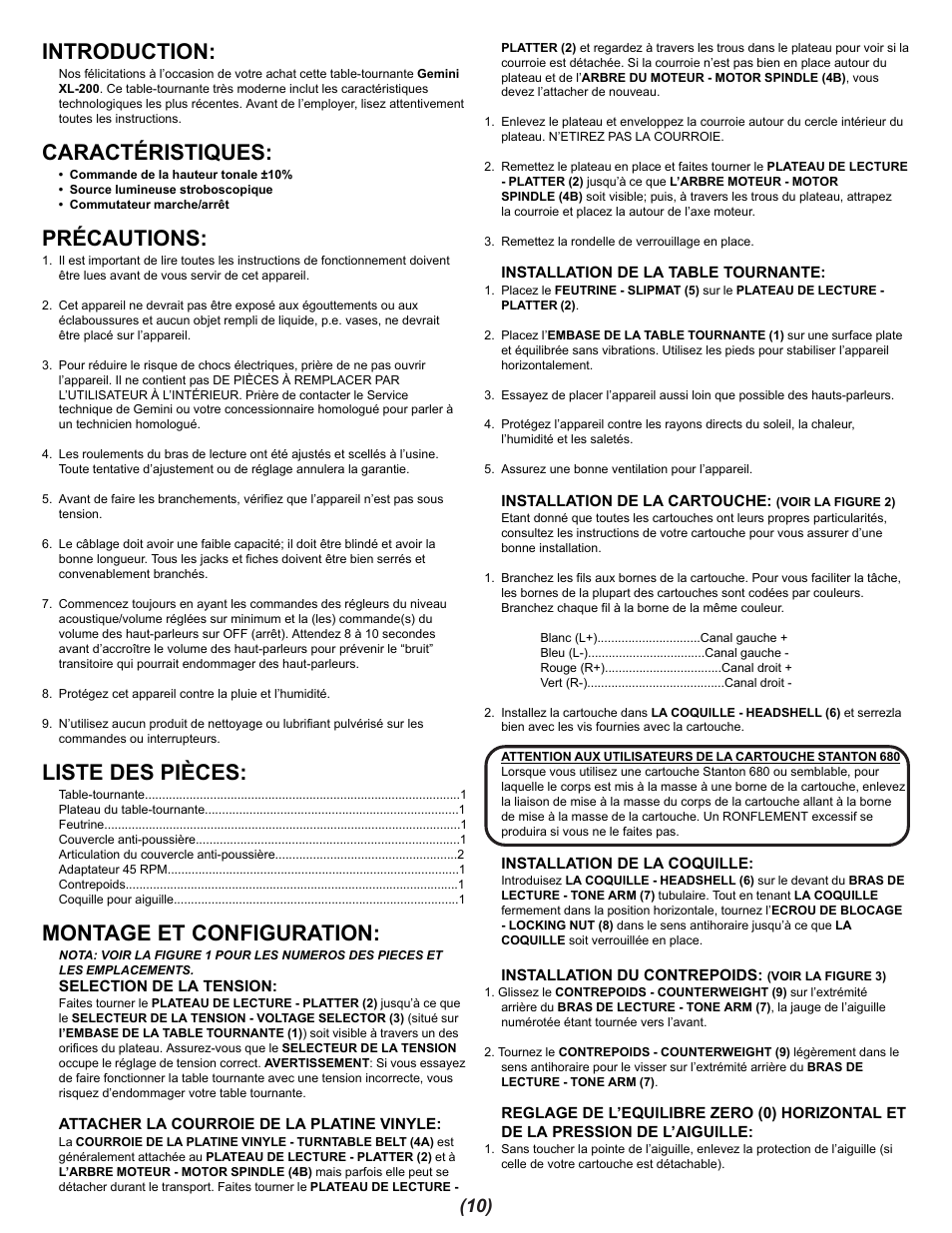 Introduction, Caractéristiques, Précautions | Liste des pièces, Montage et configuration | Gemini XL-200 User Manual | Page 10 / 12