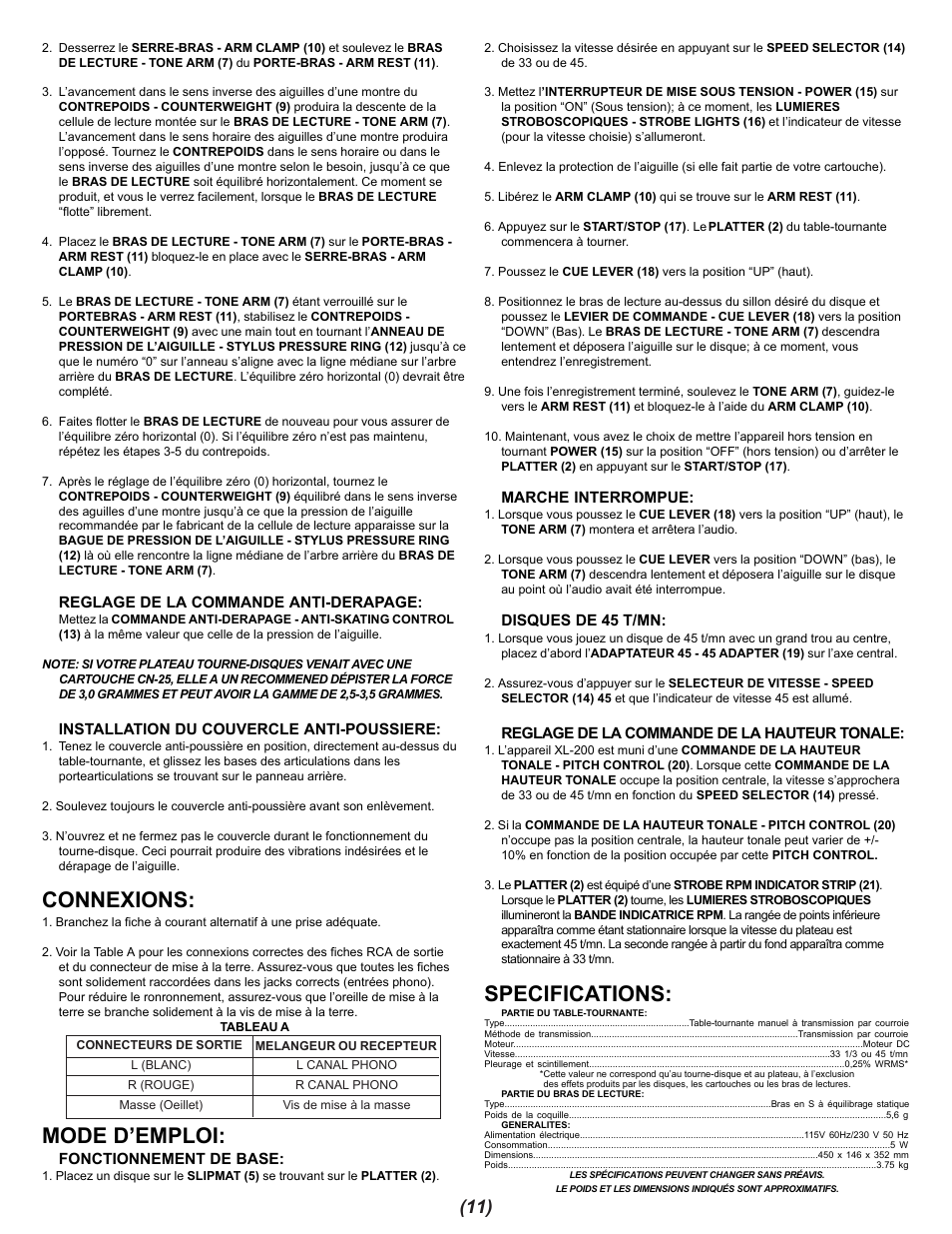 Connexions, Mode d’emploi, Specifications | Gemini XL-200 User Manual | Page 11 / 12
