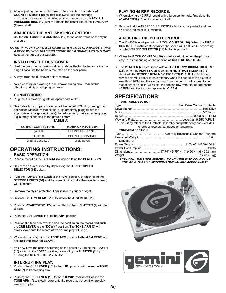 Operating instructions, Specifications | Gemini XL-200 User Manual | Page 5 / 12