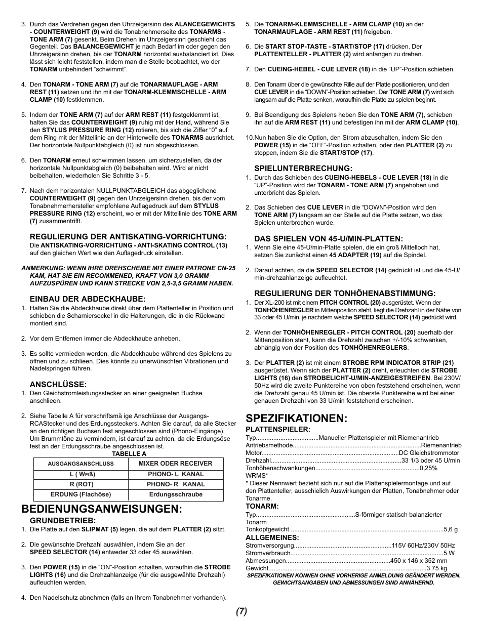 Bedienungsanweisungen, Spezifikationen | Gemini XL-200 User Manual | Page 7 / 12