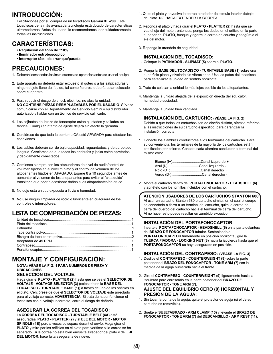Introducción, Características, Precauciones | Lista de comprobación de piezas, Montaje y configuración | Gemini XL-200 User Manual | Page 8 / 12