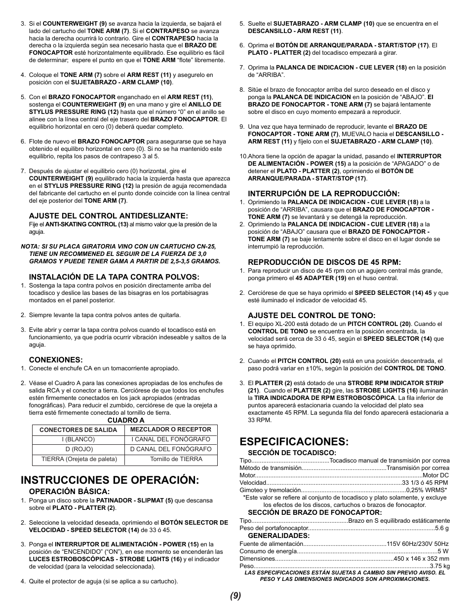 Instrucciones de operación, Especificaciones | Gemini XL-200 User Manual | Page 9 / 12