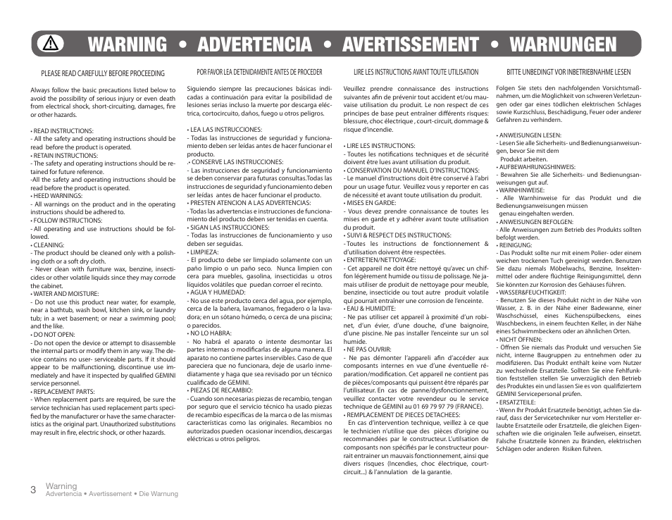 Warning • advertencia • avertissement • warnungen | Gemini XP-3000 User Manual | Page 3 / 23