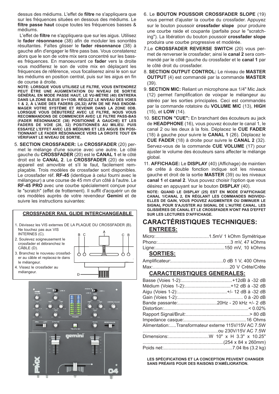 Caractéristiques techniques, Entrees, Sorties | Caracteristiques generales | Gemini PMX-04 User Manual | Page 11 / 12
